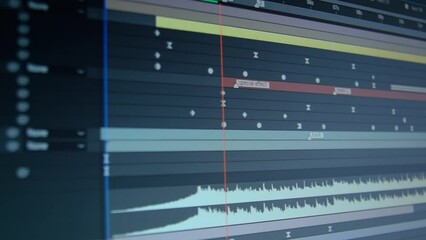 Dolly tracking shot of a computer screen in video editing software. Moving keyframes of film. Low depth of field. 
