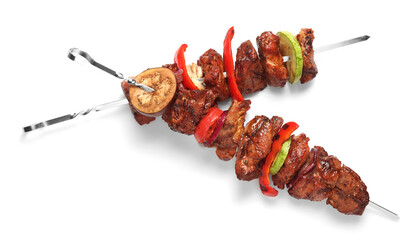 Wall Mural - Delicious shish kebabs with vegetables isolated on white, top view