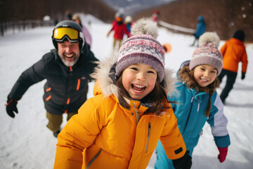 Children having fun skiing with a ski coach in the snow