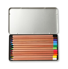 Poster - Box with many colorful pastel pencils isolated on white, top view. Drawing supplies