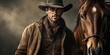 a handsome cowboy man wearing a cowboy hat next to a horse, generative AI