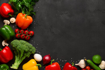 Canvas Print - Fresh vegetables, fruits and mushrooms on black background