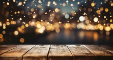 Empty Wooden Table With Blurred Christmas Background