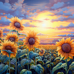 Sticker - A field of sunflowers under a pastel sky.