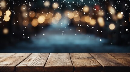 Wall Mural - Snowy empty wooden table with blurred Christmas background