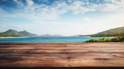 Wall Mural - Empty wooden table with blurred sea