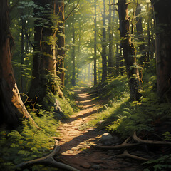 Poster - A pathway through a forest with dappled sunlight.