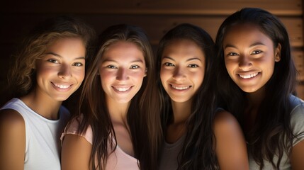 Wall Mural - Group of Women Standing Together with confident smile. Woman's power. Diverse multicultural ethnic backgrounds concept.