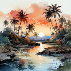 Wall Mural - paradise seascape caribbean resort tropic palm shore watercolor wave sunrise dusk horizon 