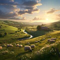 Wall Mural - A peaceful countryside scene with a red barn and rolling hills