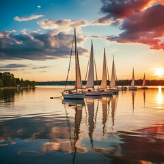 Wall Mural - A row of sailboats on a serene lake.