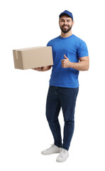 Poster - Happy courier with parcel showing thumb up on white background