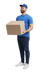 Wall Mural - Happy courier with parcel on white background