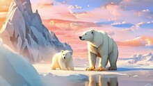 Final Stop Your Safari Adventure Arctic Section, Where Experience Chilling Beauty North Pole. Polar Bear Rests Giant Piece Ice, While Group Curious Penguins Waddle Around 2d Animation