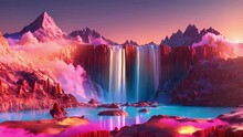 Behind Horizon, Holographic Mountain Range Came Alive With Mesmerizing Display Glitchedout Waterfalls That Seemed Flow Reverse, Adding Otherworldly Feel Already Surreal 2d Animation