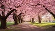 Tranquil Cherry Blossom Tree Along a Treelined Footpath generated by AI tool