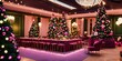 Christmas party - luxury hotel - lots of decorations - balloons - lights - couples - drinks - pink - purple - gold - dark green - 8k cinematic