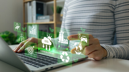 Businessman analyze investment sustainability ESG icons. ESG environmental protection concept, sustainable development, climate change, green energy recycle, Net zero and carbon neutral.