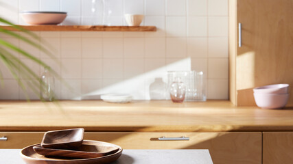 Wall Mural - A sunny kitchen with white tile walls, a wooden table and sink.