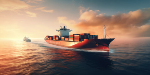 Wall Mural - cargo maritime ship with contrail in the ocean ship carrying container and running for export concept