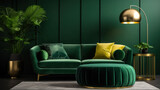 Fototapeta  - Luxury living room house  modern interior design, green velvet sofa, coffee table, pouf, gold decoration, plant, lamp, carpet, mock up poster frame elegant accessories. Template