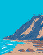 WPA poster art of surf beach at Black's Beach in the bluffs of Torrey Pines on the Pacific Ocean in La Jolla, San Diego, California, United States USA done in works project administration.
