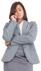 Poster - Digital png photo of worried caucasian businesswoman looking down on transparent background