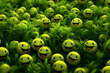 3D view of a patch of green grass with yellow smiley balls scattered everywhere. The smiley faces are all identical with a wide smile and small eyes