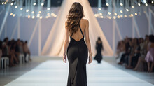 Sexy Fashion Model In Black Silk Dress. Fashion Show Back View. Glamour Woman In Long Luxury Slit Gown Flying On Wind With Wavy Hair Style, Model Walking On Stage During Runway Show