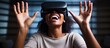 Smiling woman experiencing VR at home, gesturing with hands.