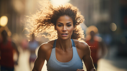 Wall Mural - A determined young woman sprinting with unwavering focus through the exhilarating challenges of a marathon race.