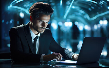 Aufkleber - Business man working on a laptop in a cyber futuristic setting.