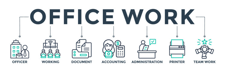 Office work banner web icon concept with icons of officer, working, document, accounting, administration, printer, and teamwork.  Vector illustration 