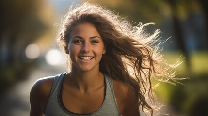 Poster - A young woman with a radiant smile, Engaged in a brisk run through a city park in the early morning.