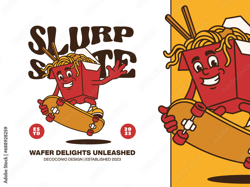 Cartoon Character of Funny Fast Food Playing Skateboard with Retro and Handwritten Style, Suitable for Poster and Sticker
