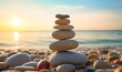 Stone tower. Stones Balance, Natural pebbles on the beach. Balancing body, mind, soul and spirit. Mental health, yoga theme. Generative AI