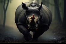 Large Angry Rhinoceros Running In Dark Dense Forest.