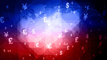 Finance Map With Euro, Pound, Dollar, Yen, Yuan, And More Currency Symbols On World Map Background For International Trade And Exchange Market Presentations