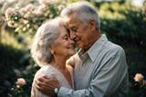 Fototapeta Miasto - Cheerful Elderly Couple Finding Happiness Together in Their Beautiful Garden Full of Nature's Delights Generative AI