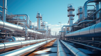 Fototapete - Pipe infrastructure adjacent to gas factory buildings.