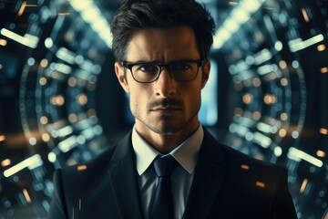 Canvas Print - Businessman wearing glasses using AI-powered software to make better decisions.