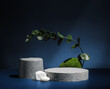 Stone pedestal stage product display background with nature moss on navy color.zen like backdrop