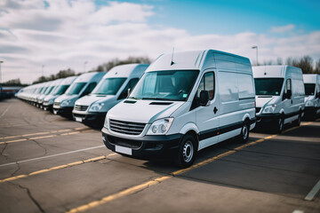 White cargo vans parked at warehouse.