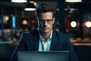 Aufkleber - Attractive man in glasses is sitting at workplace in office.