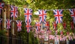 Union Jack flags hanging at the street ready to national holiday celebration, Generative AI