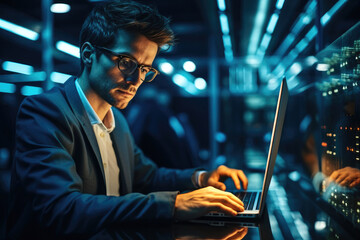 Poster - A young male engineer using his laptop in a server room, Digital world in male professional hands.