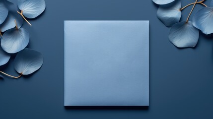 Blue paper notebook with eucalyptus leaves on blue background