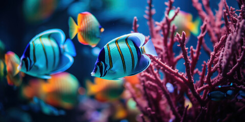 Wall Mural - Colorful tropical fish swimming in the aquarium. Underwater world.