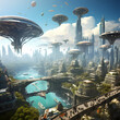 A futuristic city with elevated walkways and flying cars.