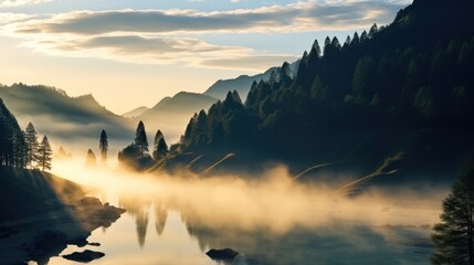 Wall Mural - A sunny and misty morning in the mountains in valley at sunrise, The fog envelops the mountain tops.